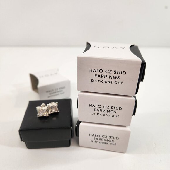 Avon Halo Cubic Zirconia Stud Earrings Princess Cut x 4 NEW - Picture 2 of 10